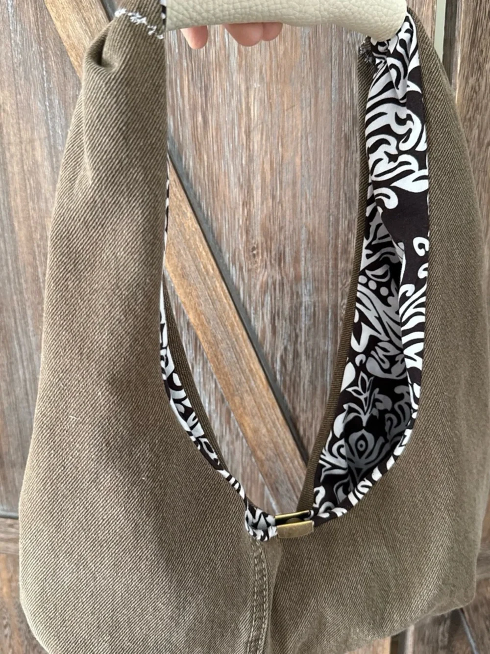 Brown Denim Shoulder Bag with Cream Accent & Patterned Lining